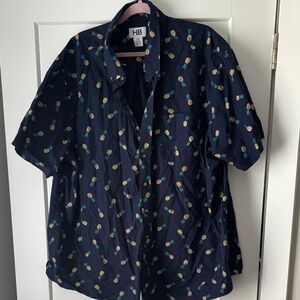 Navy Blue Pineapple Print Collared Shirt